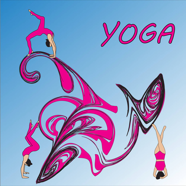Silhouette young woman practicing yoga. Girl pilates. Vector on abstract background icon - Vector, Image