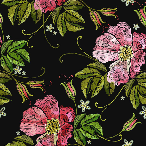 Embroidery vintage wild roses seamless pattern - Вектор,изображение