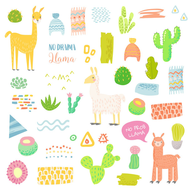 Llamas Childish Elements Set con Cactus e Alpaca. Lamas disegnati a mano per tessuto tessile, carta da imballaggio, decorazione, inviti per bambini. Illustrazione vettoriale
 - Vettoriali, immagini