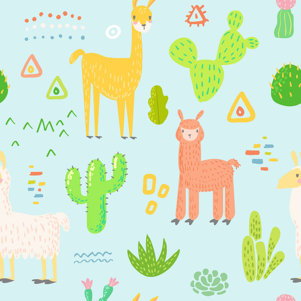 Lamas nahtlose Muster. handgezeichneter kindlicher Hintergrund mit Alpaka und Kakteen für Stofftextilien, Geschenkpapier, Dekoration. Vektorillustration - Vektor, Bild