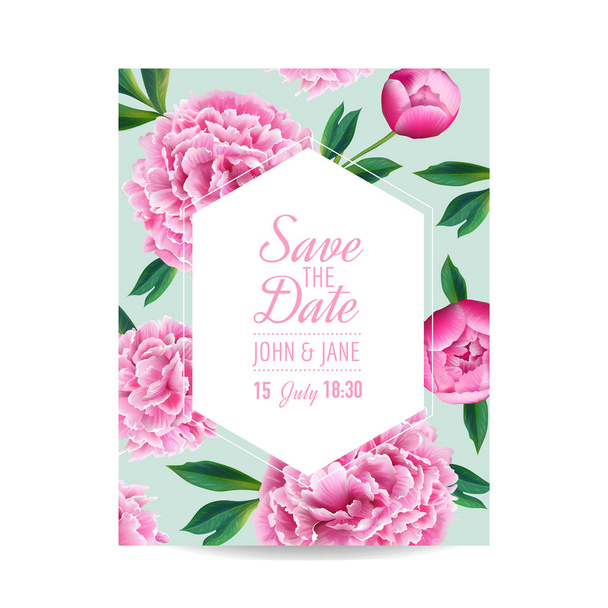 花の結婚式の招待状。牡丹咲くピンクの花で日付カードを保存します。ヴィンテージ春パーティーの装飾用植物のデザイン。ベクトル図 - ベクター画像