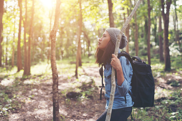 Hipster young woman hiking holiday, wild adventure. - 写真・画像