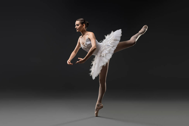 Beautiful ballerina in white tutu dancing view - Фото, изображение