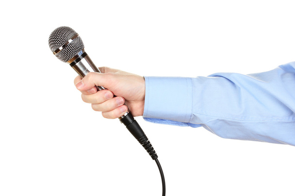 Male hand with microphone isolated on white - Φωτογραφία, εικόνα