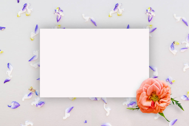 Abstract floral pattern, small flowers on the cardboard with a sheet of paper for text, top view, flat lay, mock up - Photo, image