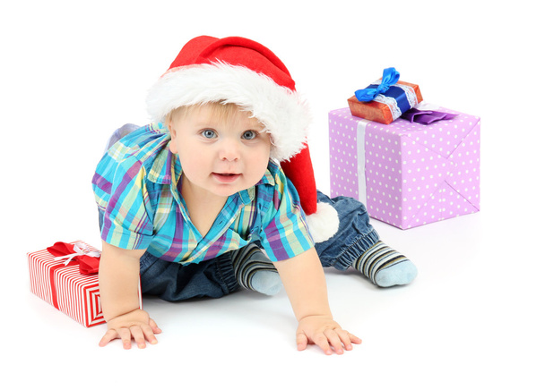 Little boy with gift, isolated on white - Photo, image