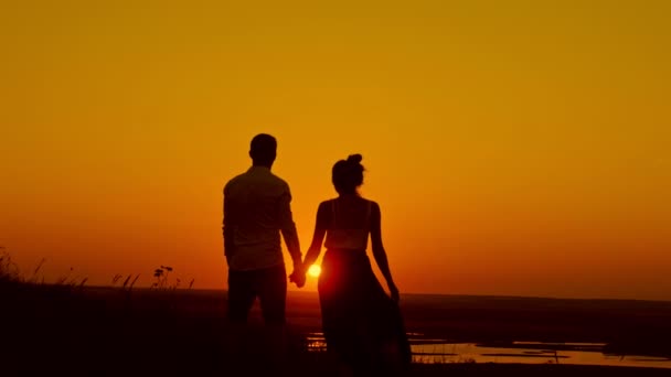 Milující pár při západu slunce - mladý muž a krásná dívka stojí na letní louku a při pohledu do slunce, silueta - Záběry, video