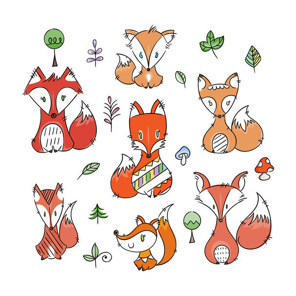 Conjunto de raposas doodle bonito em estilo simples plana
 - Vetor, Imagem