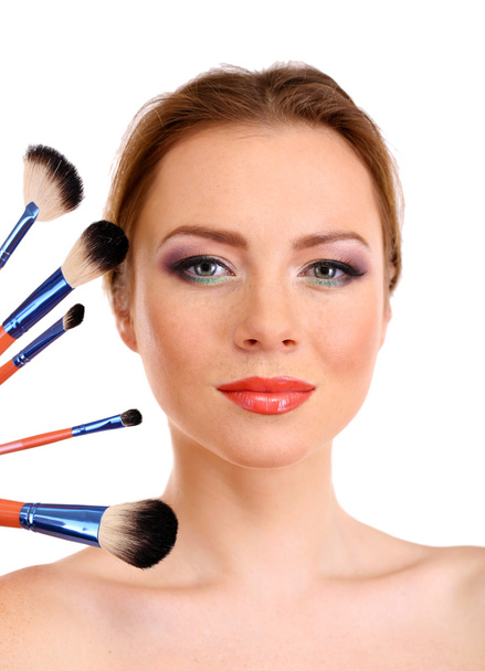 portrait of beautiful woman with make-up brushes, isolated on white - Φωτογραφία, εικόνα