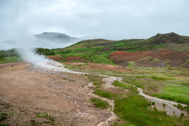  Veduta di un prato con sorgenti termali fumanti, Valle di Haukadalur, Islanda meridionale
 - Foto, immagini