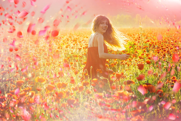 Caucasian girl in flowers. Spring flowers - Photo, Image
