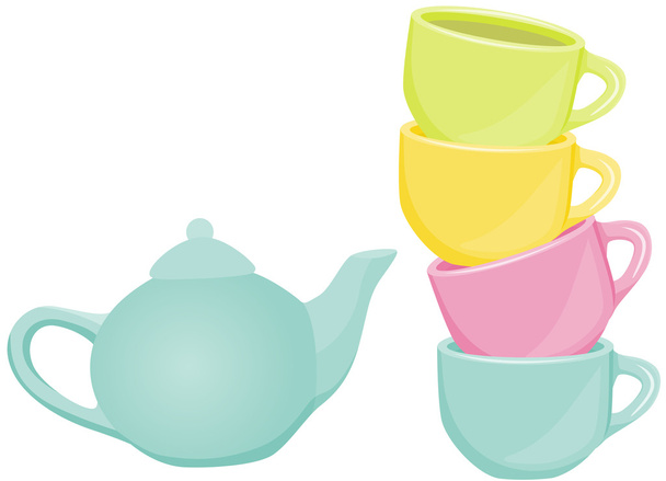 お茶セット - ティーポットとカップ - ベクター画像