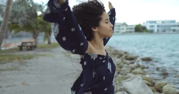 Unelma musta tyttö nauttii tuulesta rannalla
 - Materiaali, video