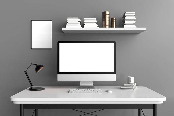 Modern munkaterület, elszigetelt számítógép képernyőjén és a keret mintája fel. 3D - Fotó, kép