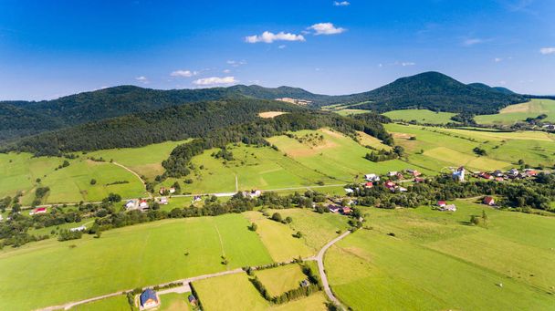 Road, forest, village and field summer landscape from above - drone view - 写真・画像