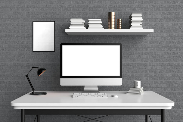Espaço de trabalho moderno, tela de computador isolada e quadro mock up. 3D
 - Foto, Imagem