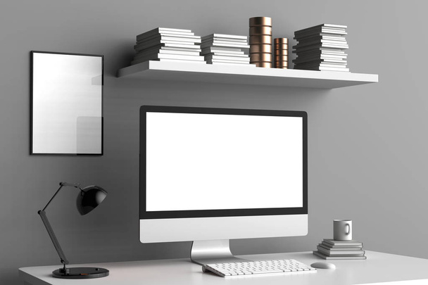 Espace de travail moderne, écran d'ordinateur isolé et maquette de cadre. 3D
 - Photo, image