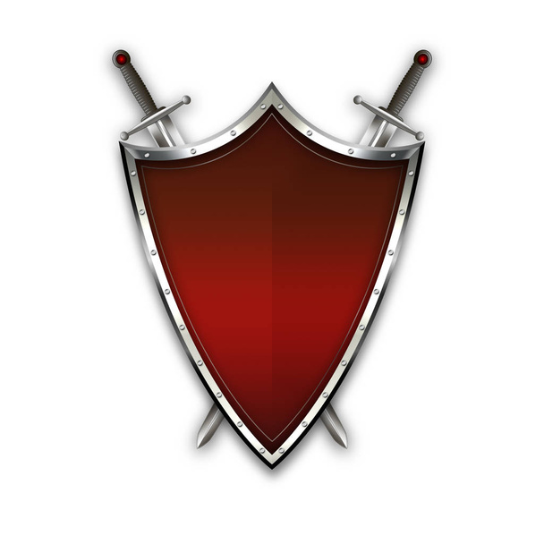 Red ancient shield with swords on white background. - Zdjęcie, obraz