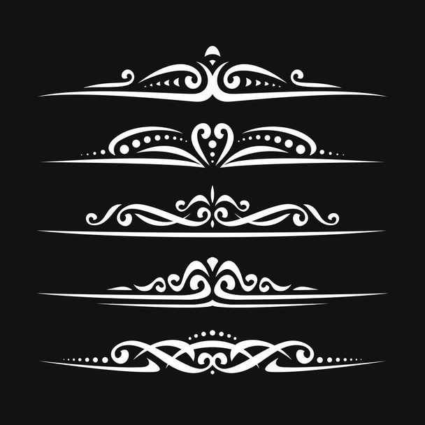 Vector set of white page dividers for greeting text, 5 simple separators of victorian style for wedding title, design elements for create border, ornate decorations with flourishes ornament on black - Vector, Image