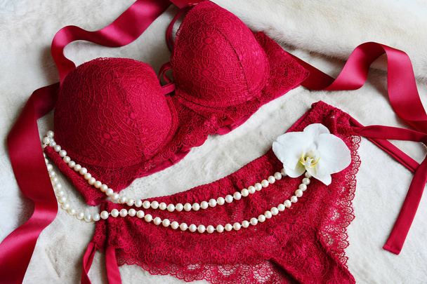 Women's lace sexy underwear of red, wine color: bra and panties. - Zdjęcie, obraz