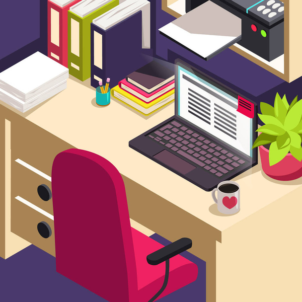 Workplace office work Objects on table Isometric concept of workspace with computer and office equipment - Vector, Image