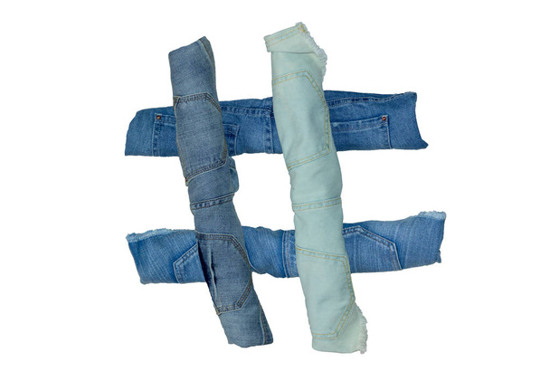 die isolierten Sonderzeichen und Symbole, die mit Jeans in verschiedenen Farben und Schattierungen ausgekleidet sind - Foto, Bild