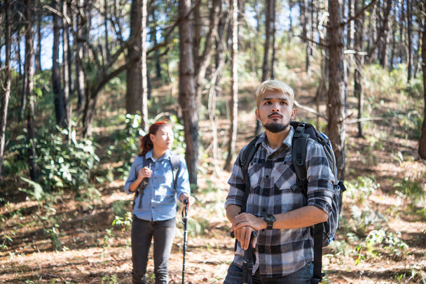 Portrait of Hiking Couple backpacker in the pine forest. - Foto, imagen