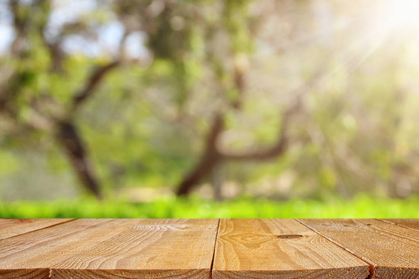 Empty rustic table in front of green spring abstract bokeh background. product display and picnic concept. - Фото, изображение