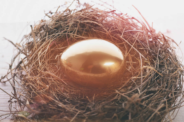 bird nest with traditional painted golden egg on wood, antique - Foto, Imagem