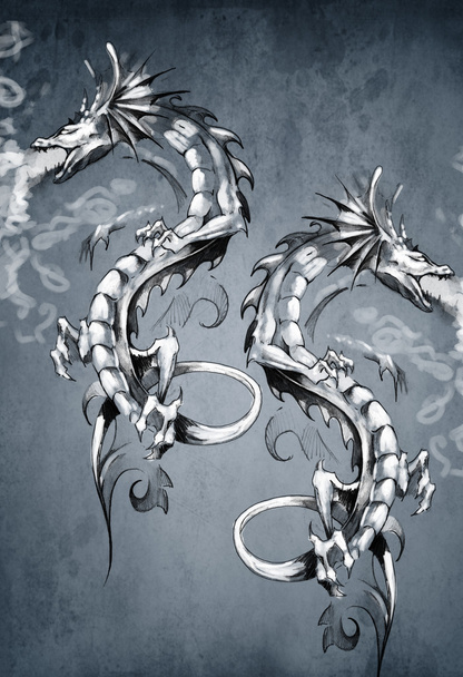Two fantasy dragons, tattoo art - Foto, Imagen