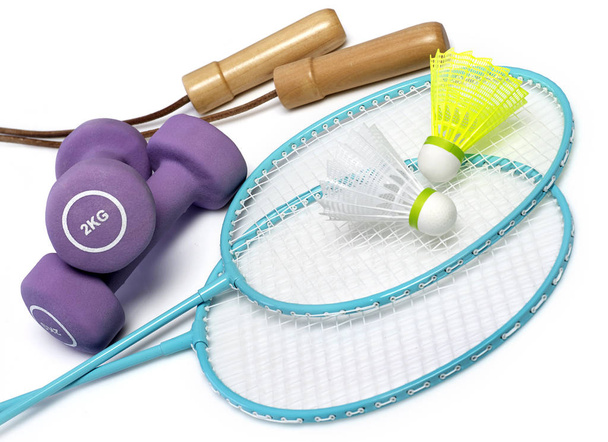 Badminton, dumbbells and jumping rope - Foto, imagen