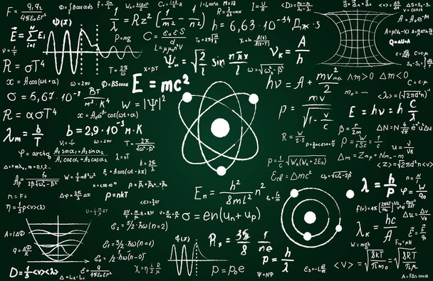 Blackboard inscribed with scientific formulas and calculations in physics and mathematics. Can illustrate scientific topics tied to quantum mechanics, relativity theory and any scientific calculations - Vector, Image