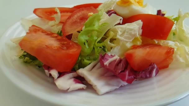 sałaty pomidor jajo widelec, zdrowa żywność, ekologiczne - Materiał filmowy, wideo