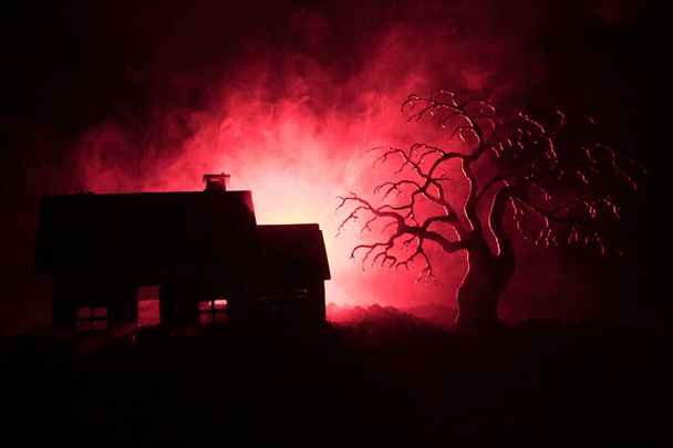 Vieille maison avec un fantôme la nuit avec un arbre effrayant ou maison d'horreur hantée abandonnée dans un ciel brumeux tonique avec de la lumière. Ancien bâtiment mystique dans la forêt d'arbres morts. Concept Halloween
. - Photo, image