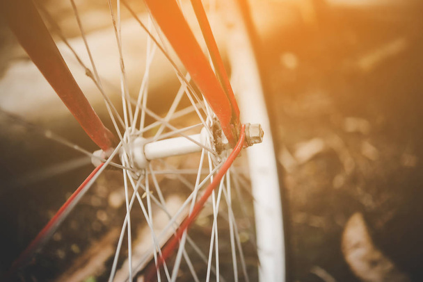 Close up detail of bicycle wheel. - Fotoğraf, Görsel