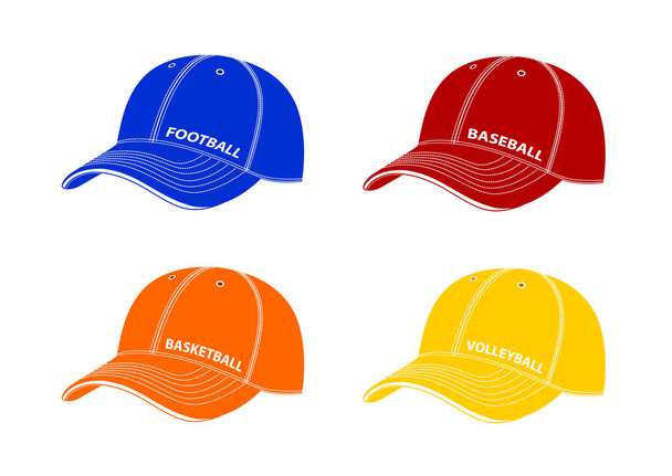 бейсбольні шапки з написами різних видів спорту. Векторні ілюстрації ізольовані на білому тлі
. - Вектор, зображення