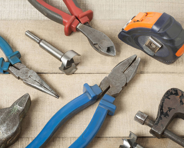 Set of different construction tools on wooden background.Construction concept. - Foto, immagini