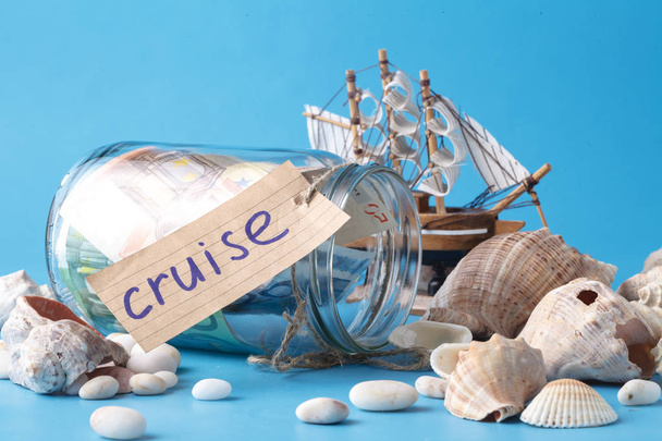 Sea travel in vacation concet with shell and ship - Фото, зображення