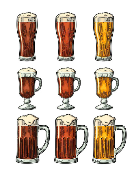 Glass with three types beer. Vintage color vector engraving - Vettoriali, immagini