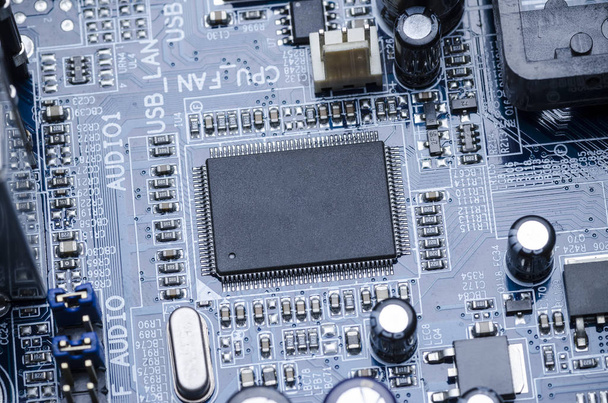 Printed circuit Board with parts and microchip close-up - Photo, Image