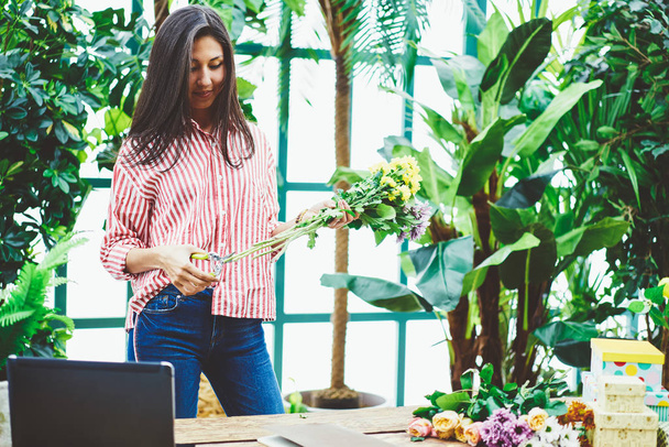 Young female florist using scissors making bouquet of fresh flowers in greenhouse,professional saleswoman of floral shop creating blooming composition due to latest fashion trends in horticulture - Fotografie, Obrázek