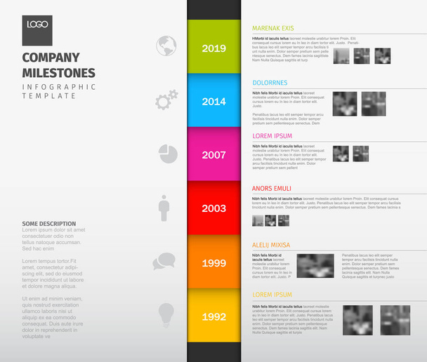 Vector colorido Infografía plantilla de informe de línea de tiempo con secciones de color, iconos, textos y fotos - versión vertical
 - Vector, imagen