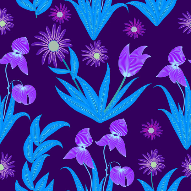 Tropical leaves and flowers seamless pattern in neon colors, vec - ベクター画像