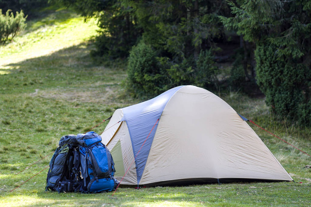 Туристический лагерь на зеленом лугу со свежей травой в Карпатских горах. Туристы палатки и рюкзаки в кемпинге. Активный образ жизни, активный отдых, спортивные и развлекательные мероприятия
. - Фото, изображение