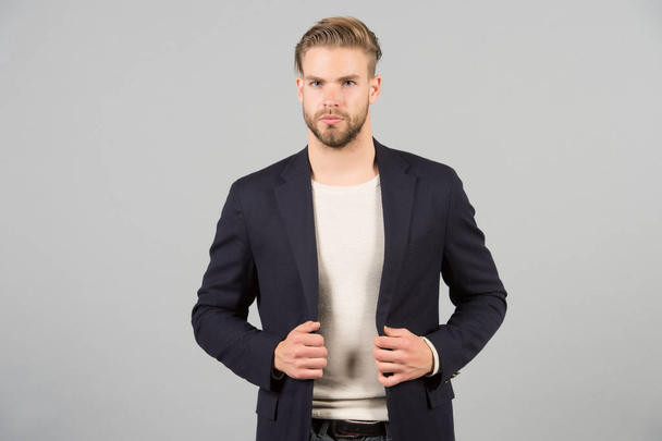 Mens fashion, style and dress code. Man in formal suit jacket, tshirt, fashion. Businessman with bearded face and hair, haircut. Business, entrepreneurship and career concept - Zdjęcie, obraz