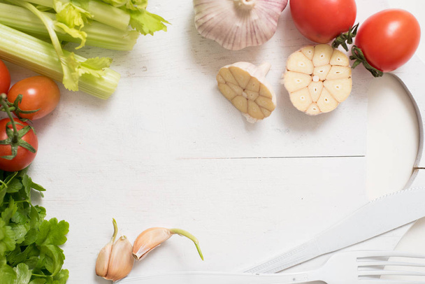 vegetables ingredients. celery parsley and garlic.preparing food, healthy eating. Copy space top view - 写真・画像