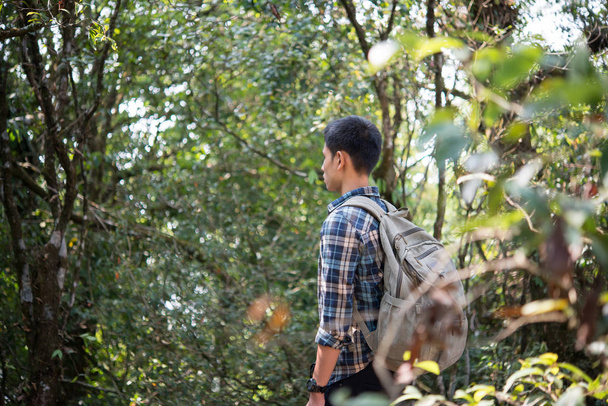 Young hipster man hiker take some rest while hiking enjoying forest landscapes in wild mountain. - Photo, Image