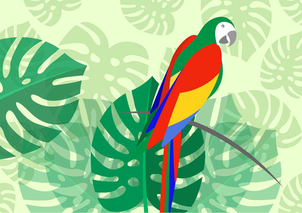 Papagei mit floralem Sommermuster grünes Blatt einer tropischen Blume Monstera Hintergrund, Vektor für Tapeten, Web-Seiten-Hintergründe, Oberflächentexturen, Textilien. - Vektor, Bild