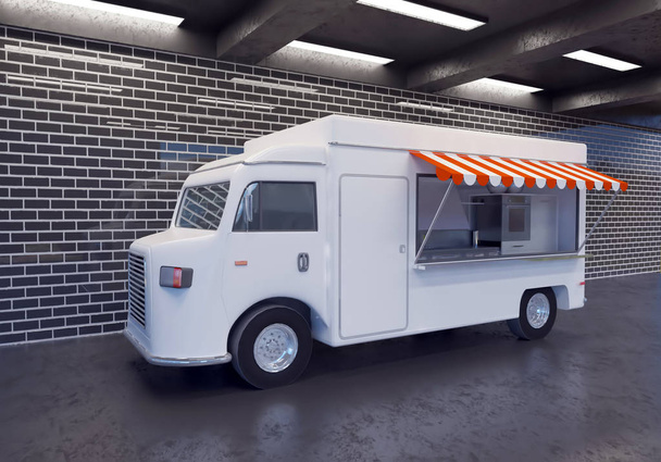3D illustratie van voedsel vrachtwagen vervoer, vrachtwagen, vrachtwagens, up, van, voertuig, vintage, wit   - Foto, afbeelding