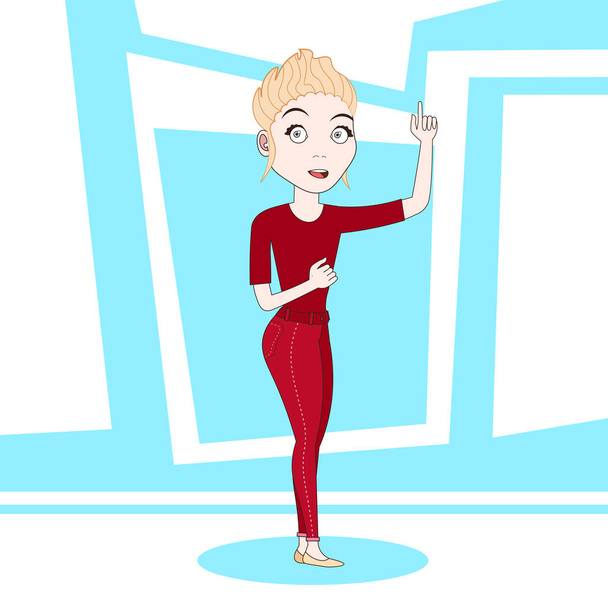 Young Blonde Woman Point Finger Up Over Blue Abstract Background - Vector, imagen